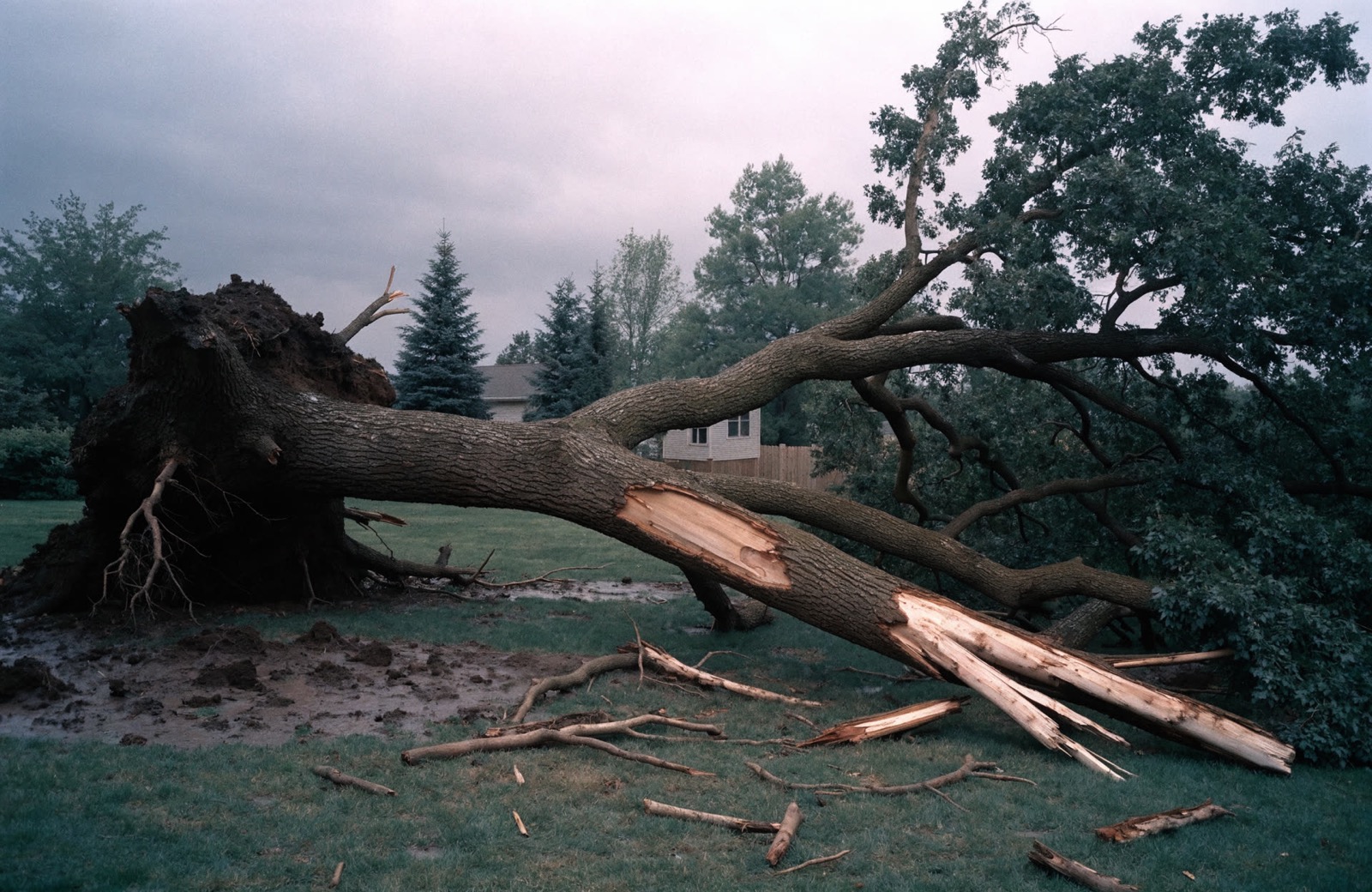 Storm-damaged tree brought down across a residential yard